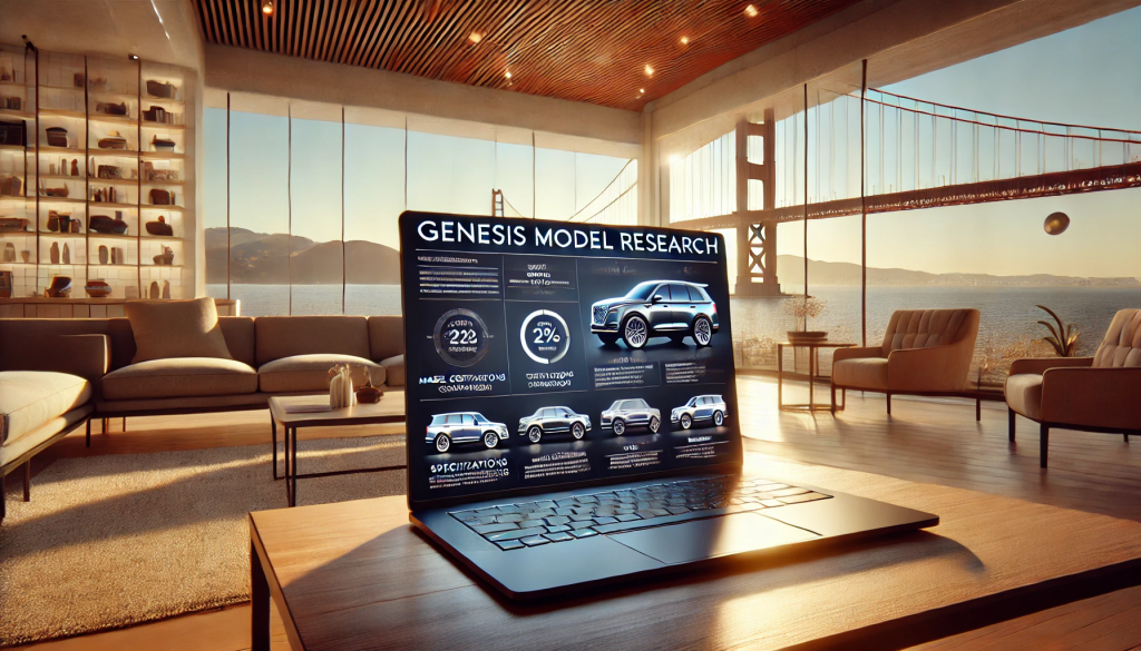 Image of a Genesis model research website on a computer that is in room that has San Francisco Golden Gate backdrop.